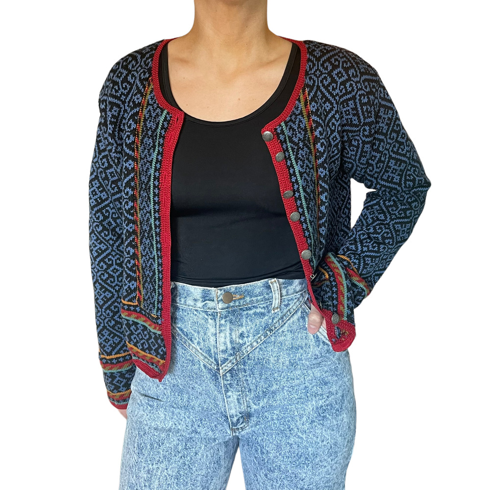 Knit Cropped Geometric Tapestry Button Up Cotton Vintage Sweater Size Medium